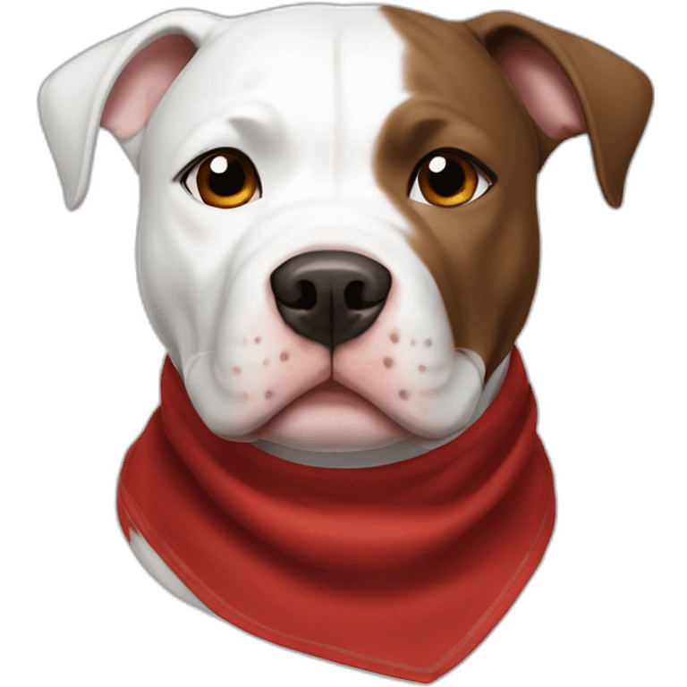 White pitbull dog with brown ears and brown spot on right eye and red bandana emoji