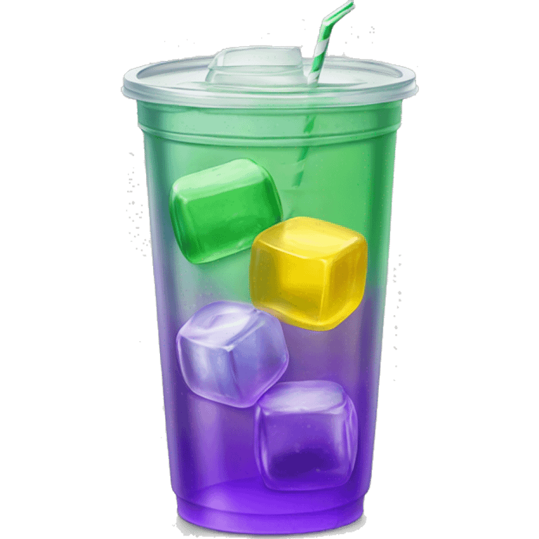 Realistic see through plastic cup and lid with half full Transluscent yellow, green ,purple soda,straw and large ice cubes inside. emoji