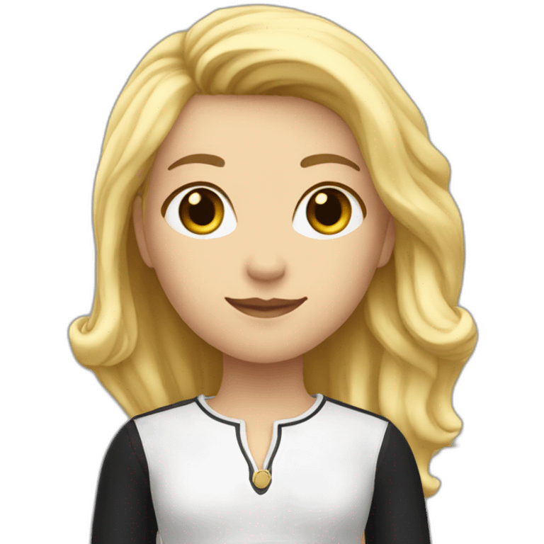 Girl standing with black capn and blond hair and white top en black pants emoji