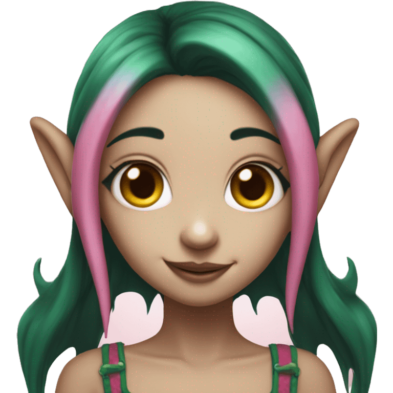 Pink fairy elf girl with dark green hair, tooth gap, and four eyes emoji