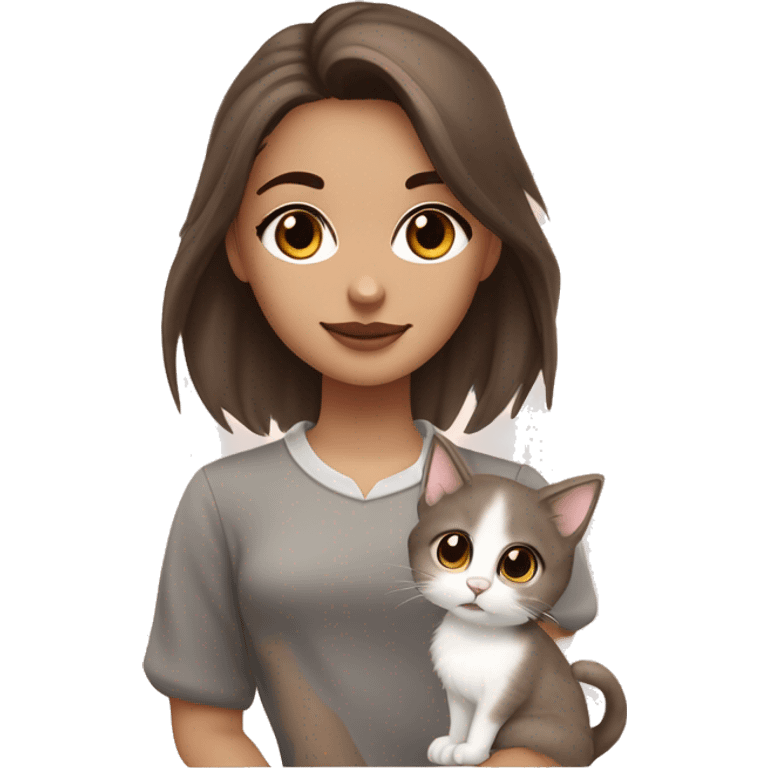 White girl with dark brown hair, light brown highlights, mole under left eye, big lower lip, slight blush, brown eyeshadow, cuddling a light gray kitten with paws up, collar saying “Lux.” emoji