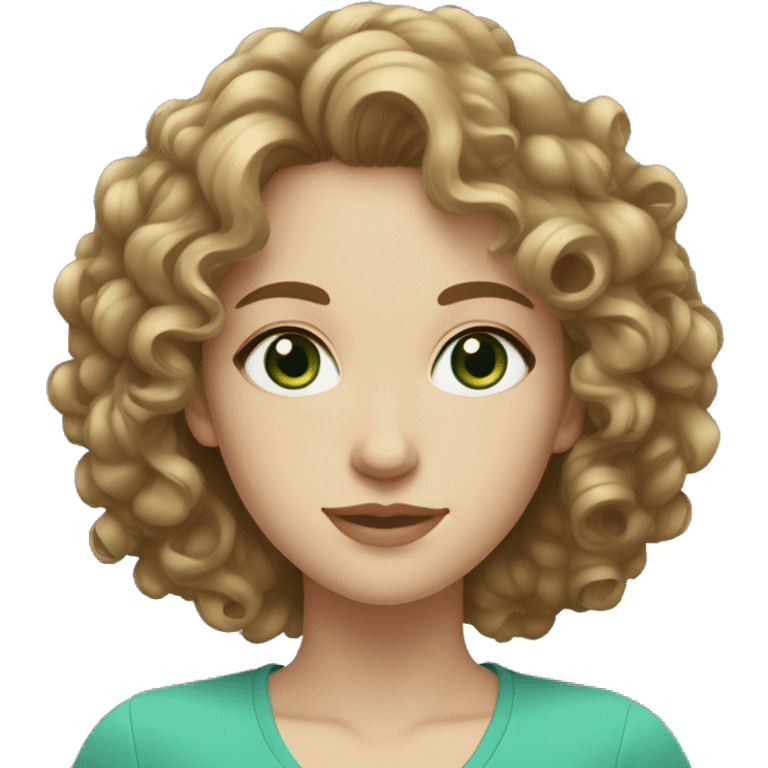 White woman, blue-green eyes,brunnete curly medium hair emoji