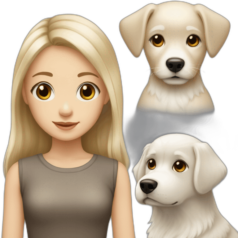 Blonde girl with grey eyes with white fluffy dog with brown eyes emoji