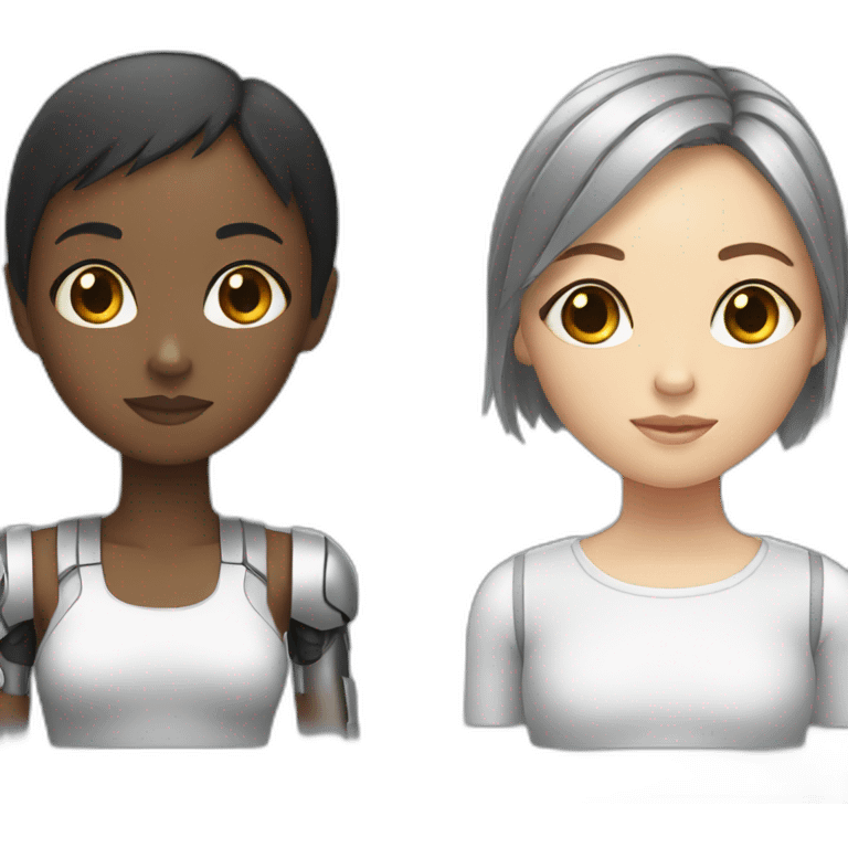 Black girl and Asian girl whose body is robot emoji