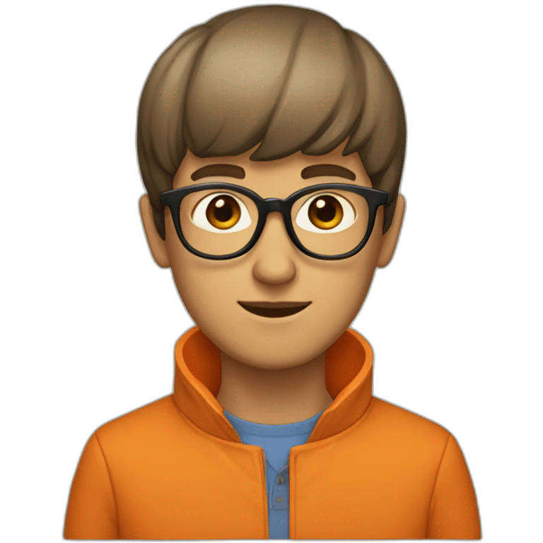 a man with a bowl cut brown glasses, a orange jacket emoji