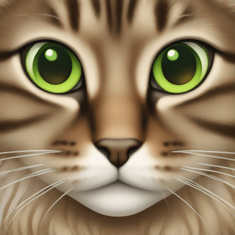 Long haired brown tabby cat face with green eyes  emoji