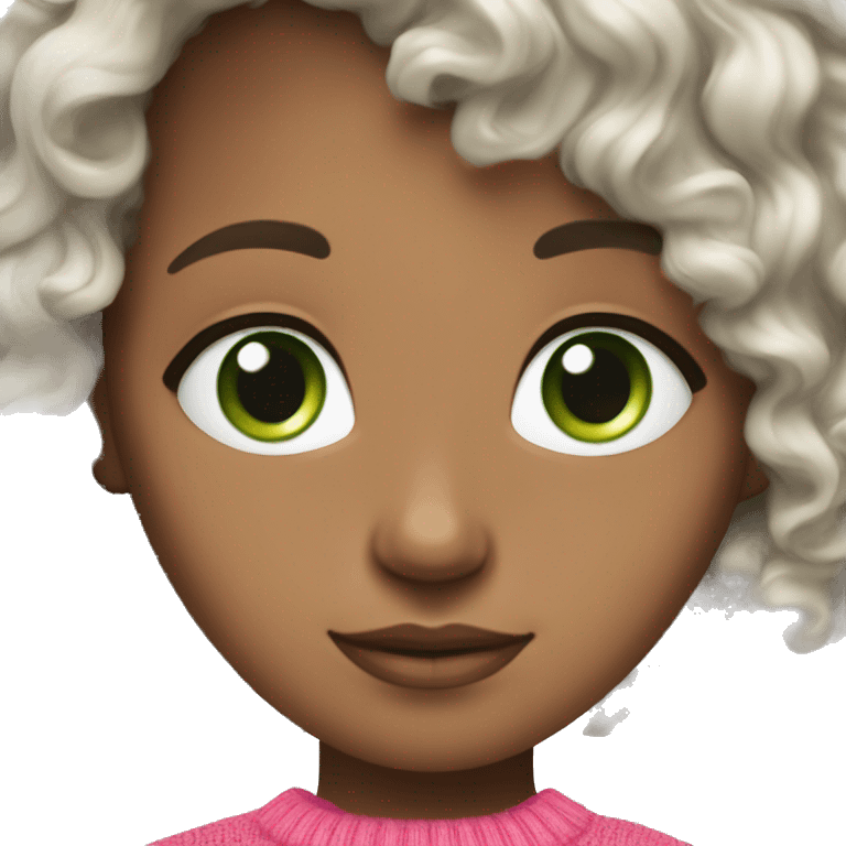 Brunette white curly hair curl with green eyes and pink sweater emoji