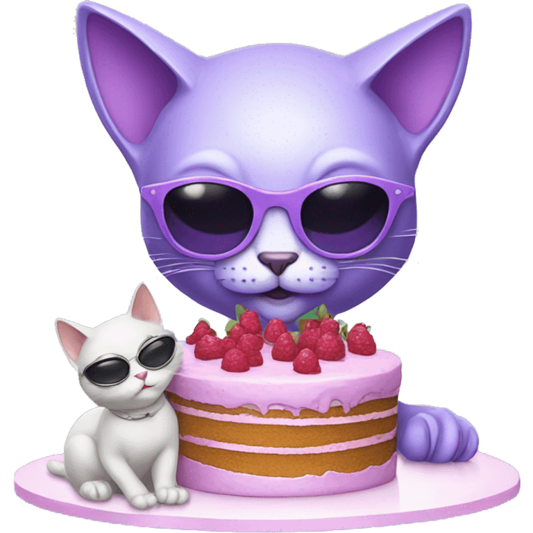 lilac alien with sunglasses making a cake with a cat emoji