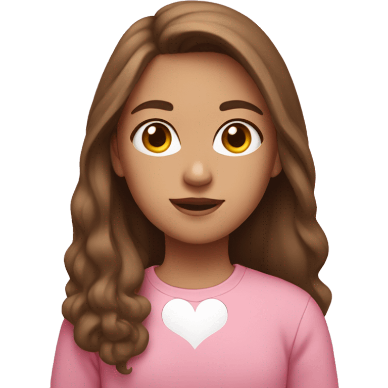 girl with brown hair in a pink sweatshirt shows white heart emoji