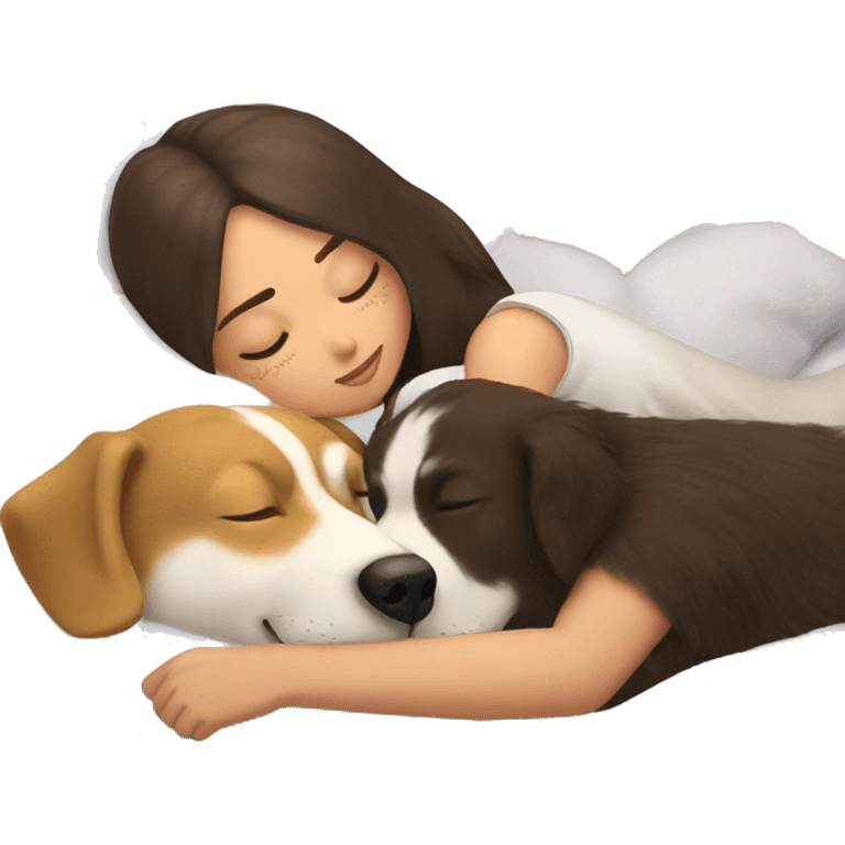 Brunette bob hair napping with her golden retriever and her husky in her bed emoji