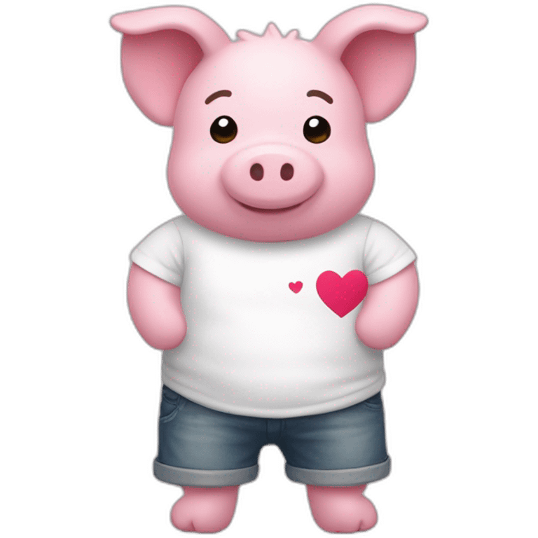 Un doudou cochon rose avec un t-shirt blanc avec un coeur sur son t-shirt  « i love Bretagne » emoji