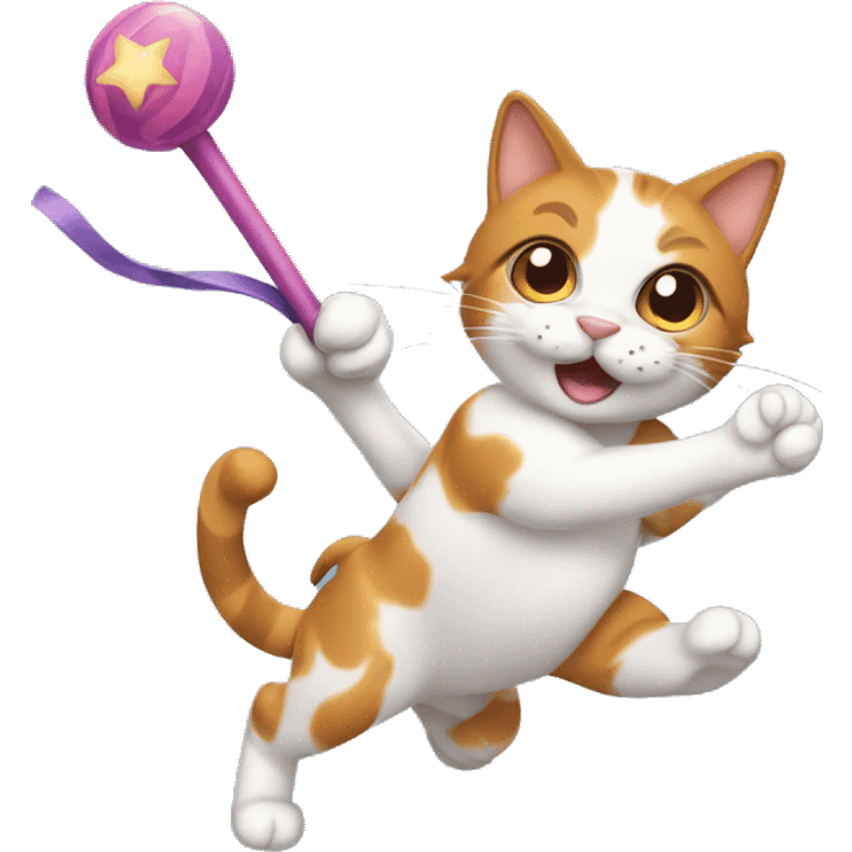 Calico cat chasing a toy wand emoji