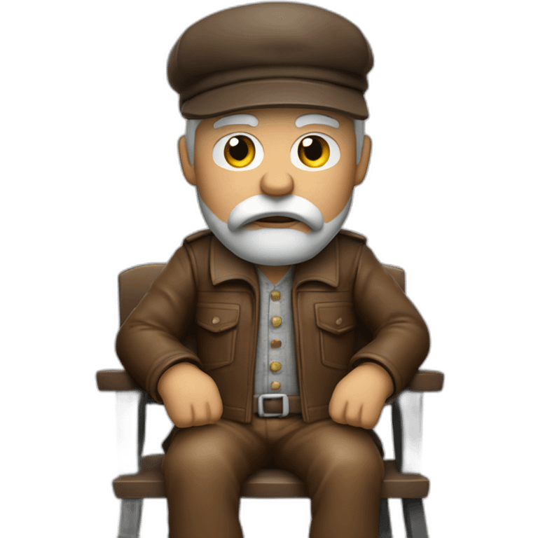 biff wiff short santa beard wearing a brown leather jacket and a tweed driving cap sitting in a folding directors chair looking angry(full body, ios17) emoji