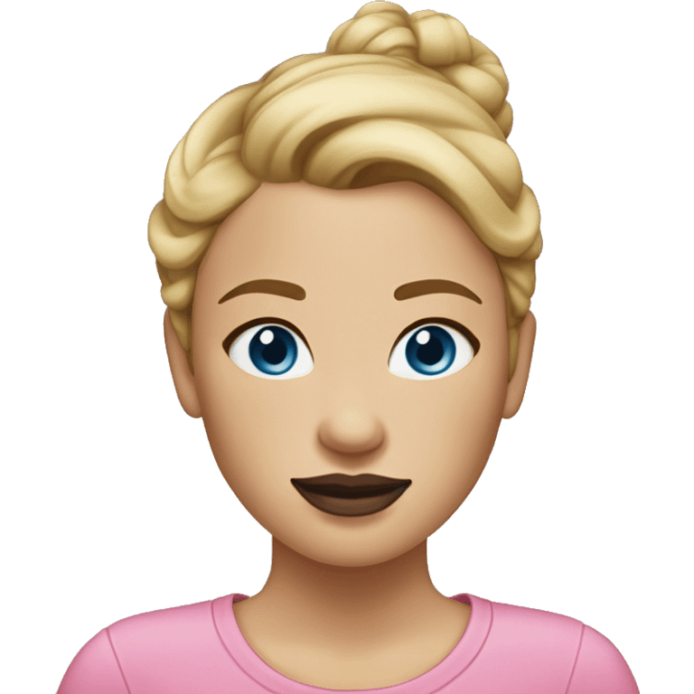 a woman with freckles, blue eyes, light skin, blonde hair with a bun, pink lips. black clothes. emoji