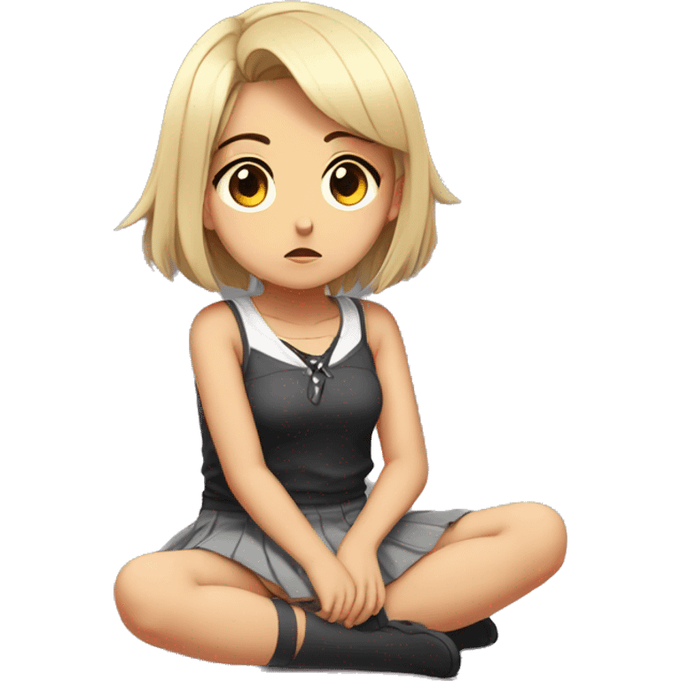 anime girl sad full body, Mini skirt, sits on the floor straight view emoji