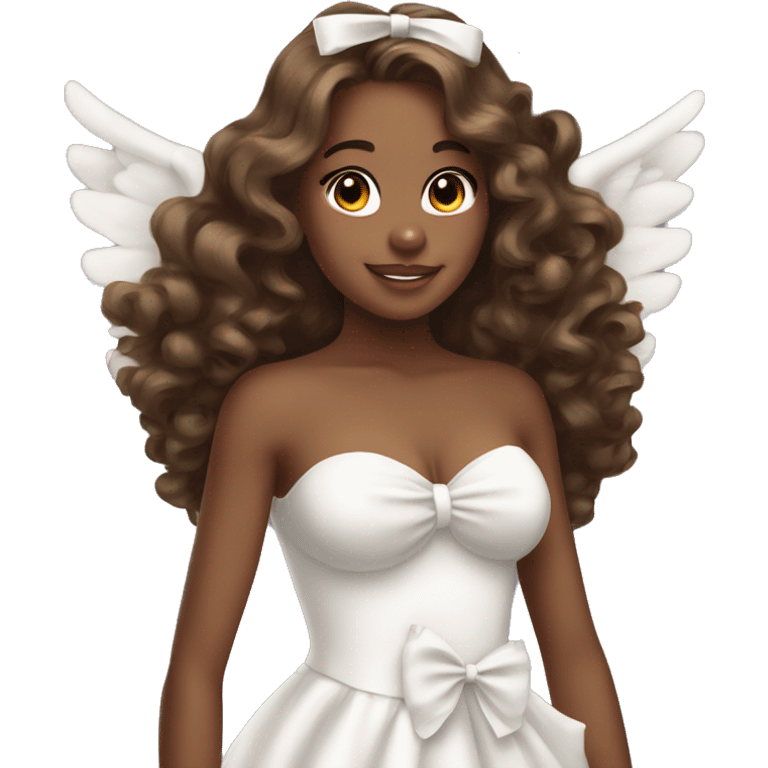 Pretty brown girl with long curly hair with big angels wings and a white bow in a strapless dress emoji