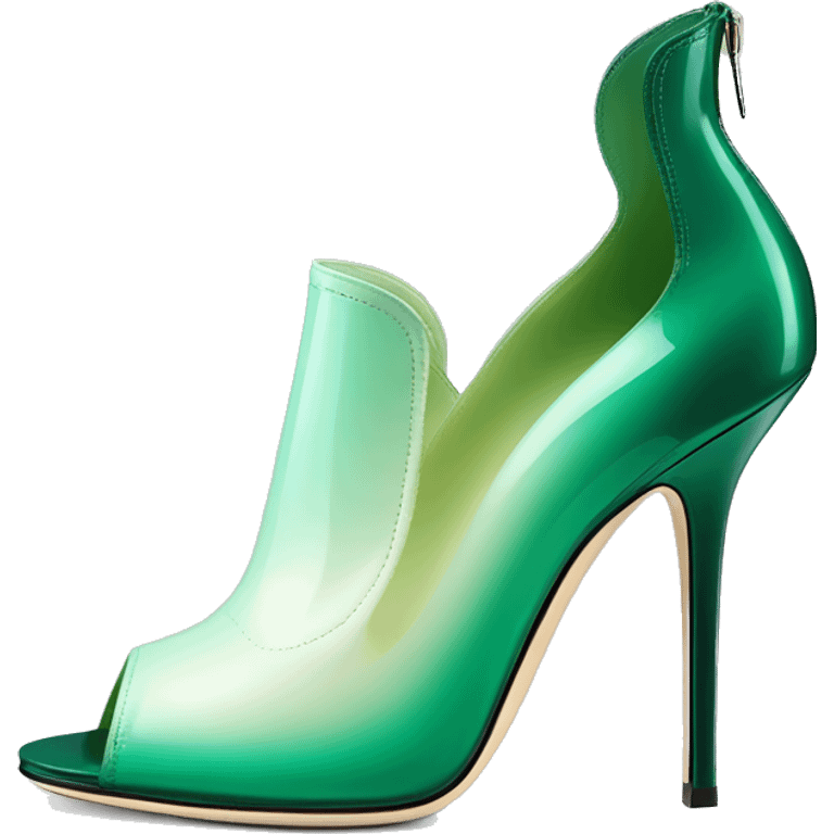 Realistic isolated top front view of a pair of emerald green to mint green ombre Jimmy Choo peep toe stiletto ankle booties. emoji