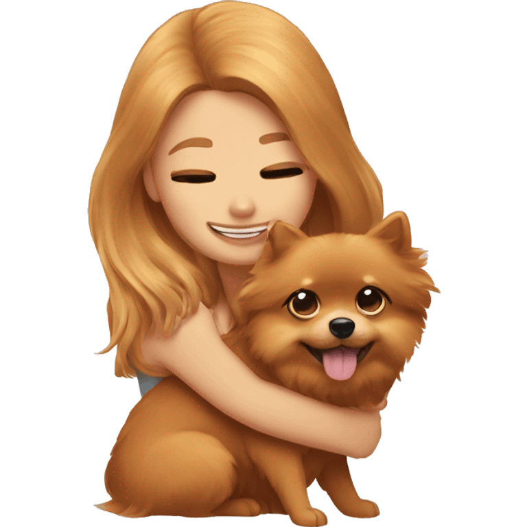 Bronde girl hugging ginger Pomeranian emoji