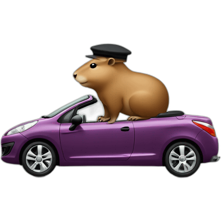 capybara wearing a beret driving a peugeot 207 coupé cabriolet emoji