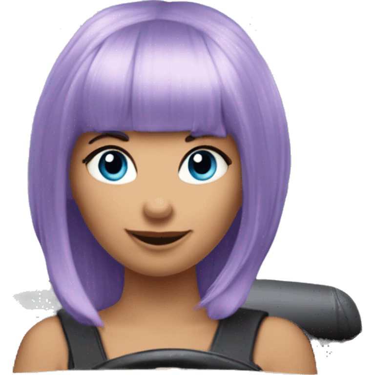 bangs lilac pixie cut hair girl with blue eyes, driving Cooper Mini Convertible show full car emoji