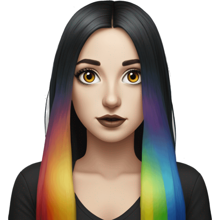 Hyperrealistic white girl with blue eyes and long black hair with rainbow fringe. Wearing black crop top and has dark eye makeup on her eyes emoji