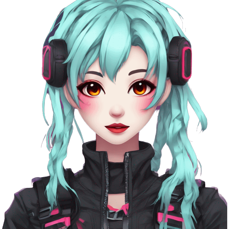 Gorgeous bright colorful neon gothic techwear anime style lady with blushing face aesthetic and pretty edgy black red punk messy hair with collar and harness trending style emoji