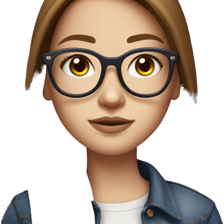 stylish girl in denim jeans, using a black short top. with a realistic nose, and long and brown straight hair. she has white skin, and big purple glasses. she is beautiful and nerd emoji