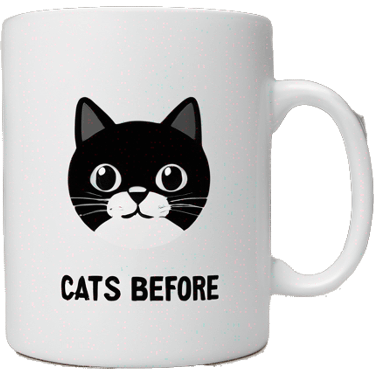 Black coffee mug with writing in white that says cats before people emoji