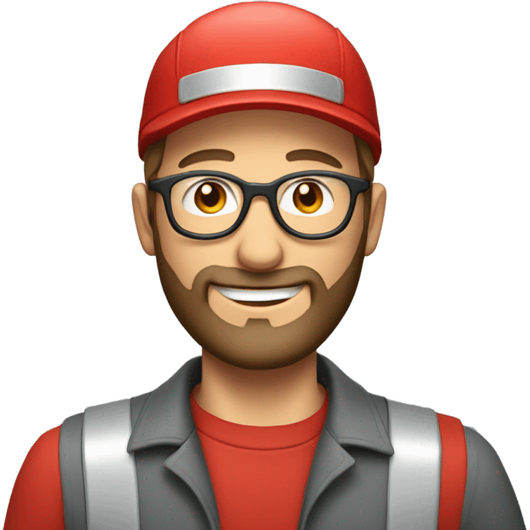 smiling white man with beard and round glasses dressed as a mechanic with red cap emoji