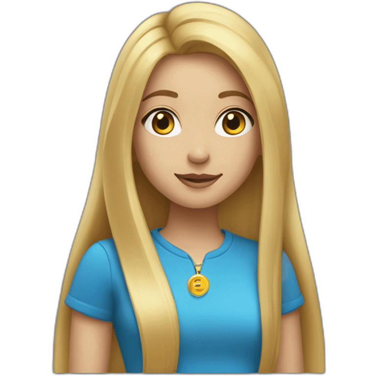 blonde girl with long straight hair dressed in a blue shirt and a golden pendant emoji