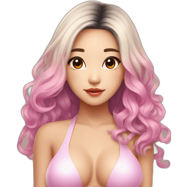 asian latina girl, bikini, kpop idol, full body, trendy hairstyle, pink to beige gradient hair, pretty girl emoji