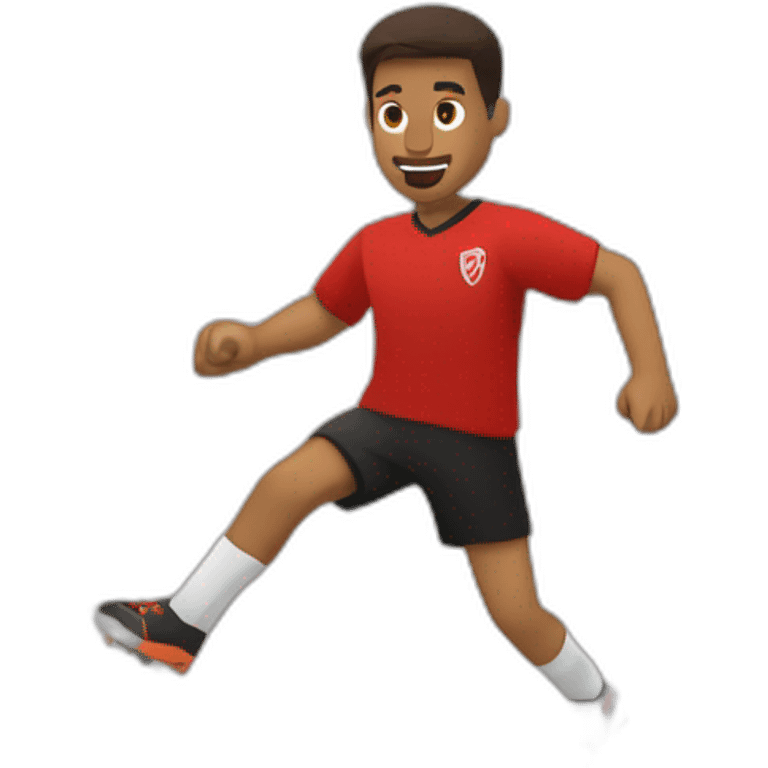 brown man juggling soccer ball, red shirt, black trousers, sneaker shoes, short hair, soccer ball,  emoji