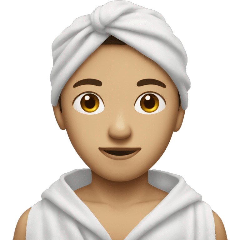 A boy with light skin, a towel on his head, and a face mask on his face, looking straight ahead emoji