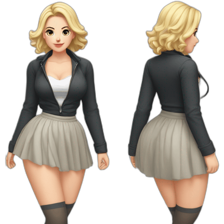 full-body-caucasian-curvy-beauty-поклон-short-black-skirt-back-and-front-views-strong-wind-knickers-long-white-socks emoji