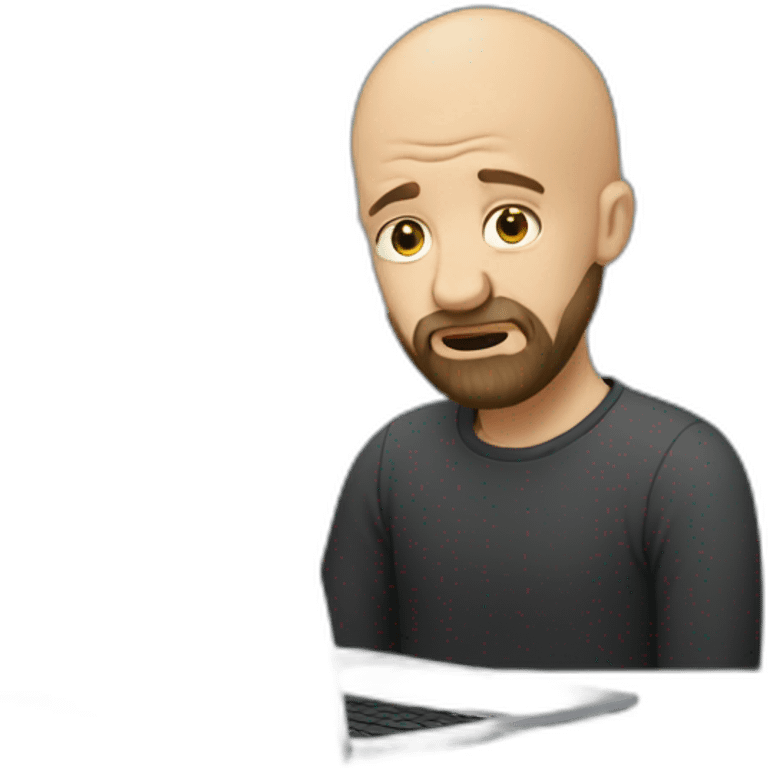 Crying Bald man with beard next to laptop emoji