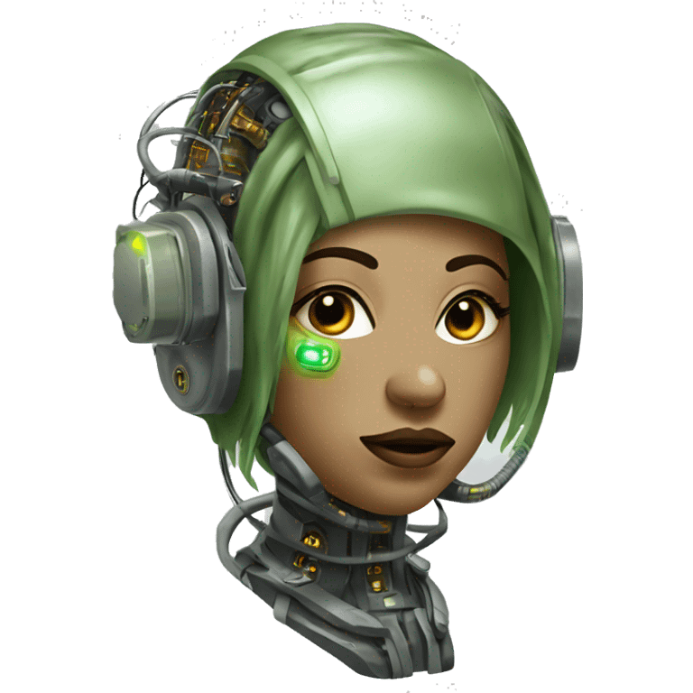 Olive green hair female cyborg head with respirator mask and circuits emoji