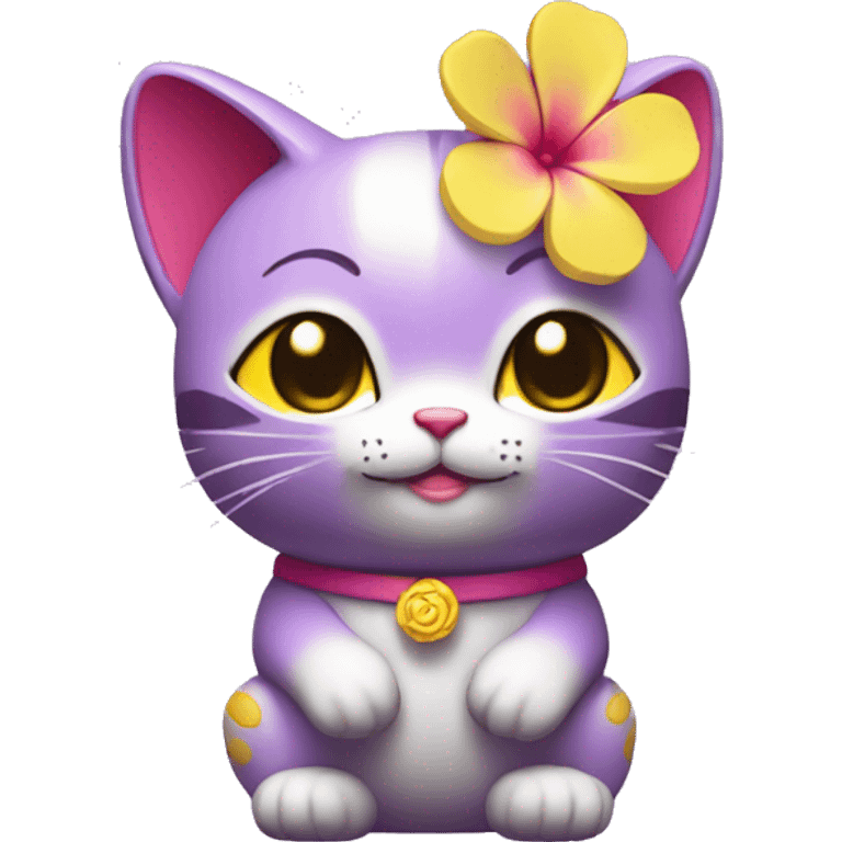 Purple maneki neko in a yellow T-shirt with a pink flower on his head emoji