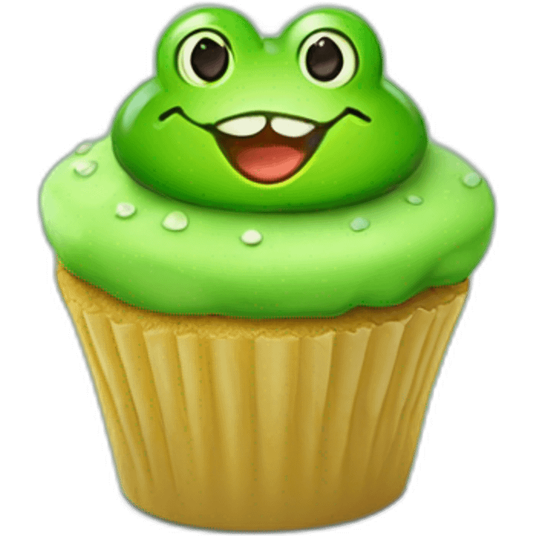 Happy bright green cupcake with a frog face on top emoji