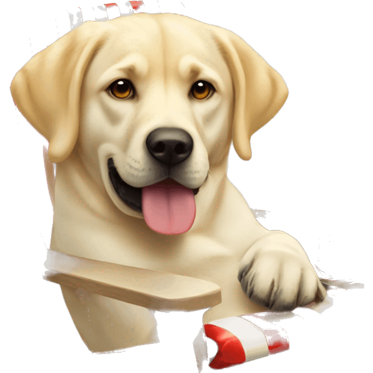 yellow lab drinking budweiser in a lawn chair emoji