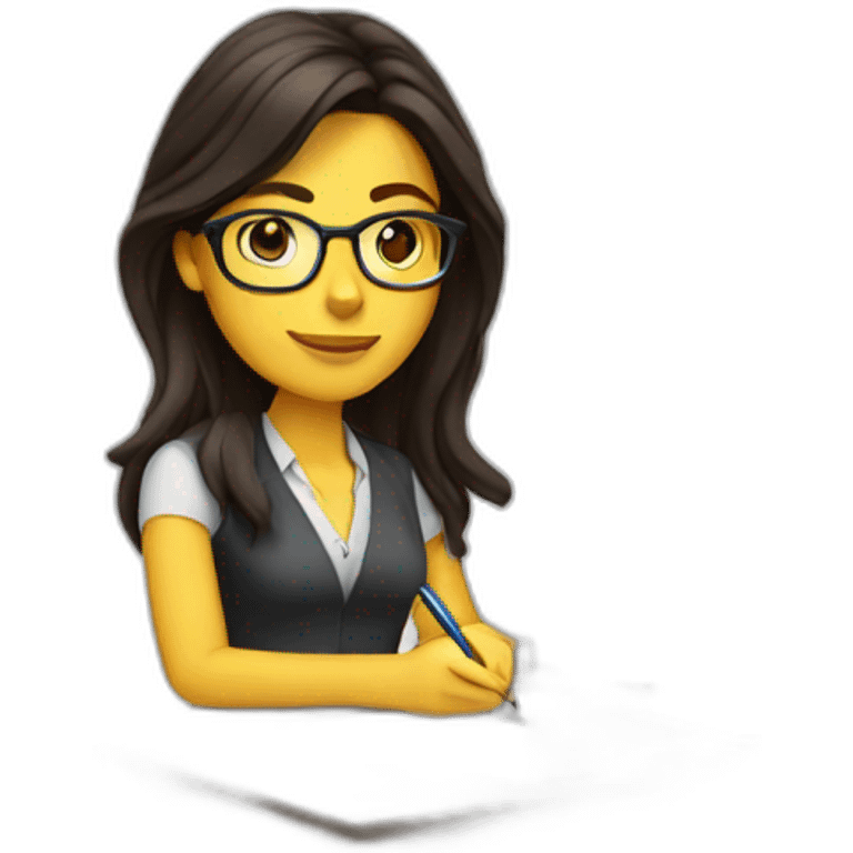 White woman with long dark brown hair using glasses writing emoji