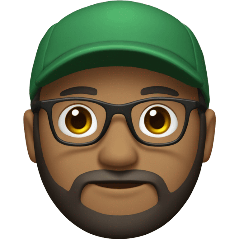 A 3D avatar with a dark green baseball cap, black t-short, glasses, black beard, dark brown eyes, light skin, and looks 35 years old on a beige background emoji