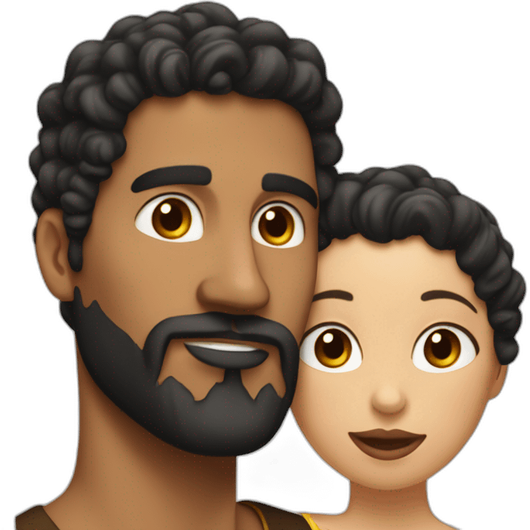 Brown man with a smooth black hair cut fade and a black beard kissing a White woman with long brown curly hair emoji