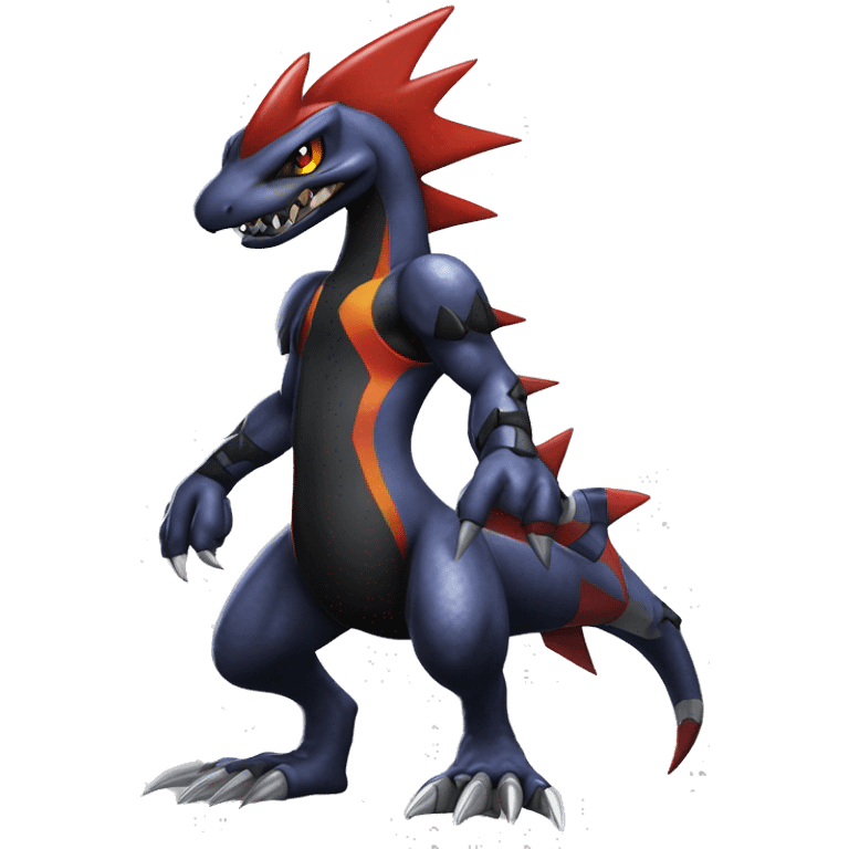 Black, Modern, Cool, Edgy, Badass Punk-style Garchomp-Charmeleon-Sergal Fakémon-Digimon with sharp edgy striking detailed stripe-markings,  full body emoji