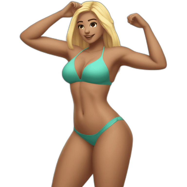 Slim-thicc Caucasian woman bikini hands-in-hair pose (beach body) full body emoji