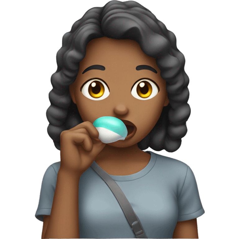 Girl holding phone and chewing gum emoji