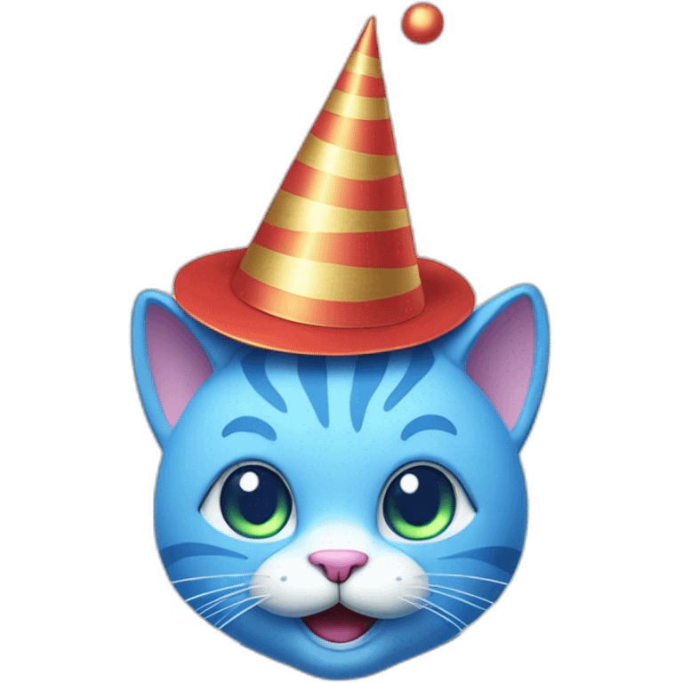 blue dancing cat with a party hat as line illustration emoji