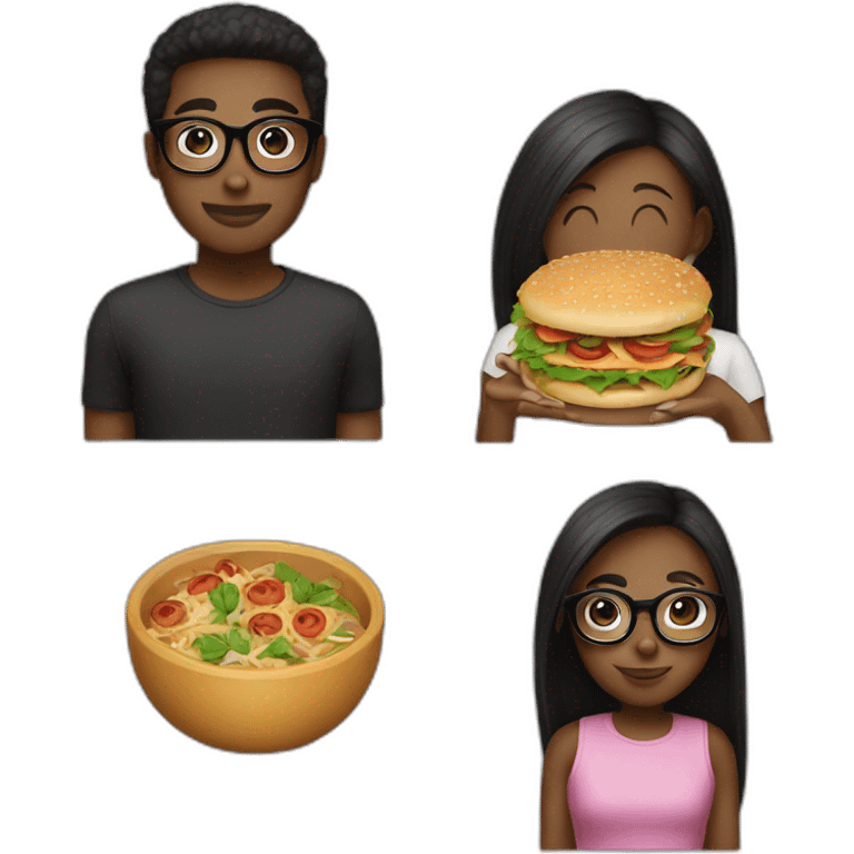 girl with bro2n straight hair and black round glasses with food emoji