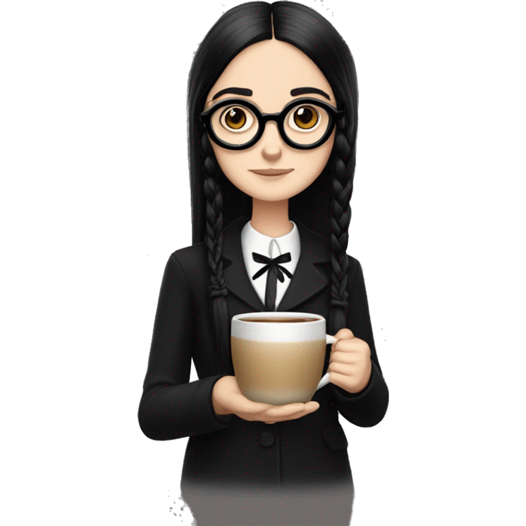 Wednesday Addams wearing square black glasses an holding a steaming coffee  mug  emoji