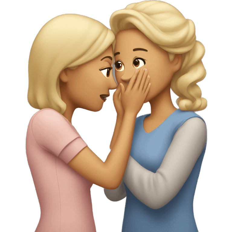 One woman whispers into the ear of another woman closing by hand emoji