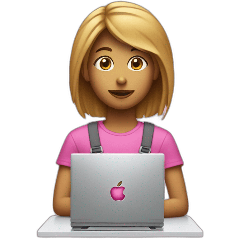 Chica con pelo castaño obscuro y una computadora de apple rosa emoji